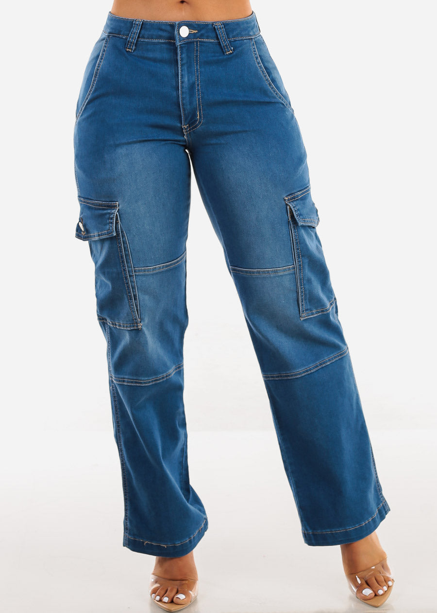 Mid Rise Straight Wide Leg Cargo Jeans Med Blue