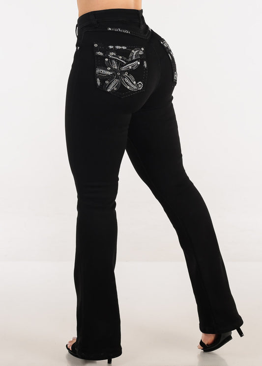 Super High Waist Black Bootcut Jeans w Back Pocket Design