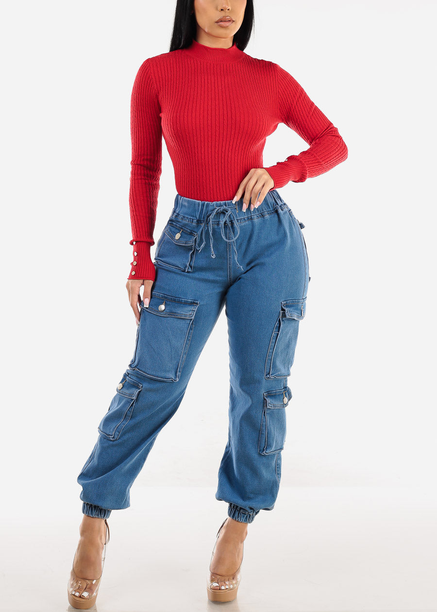 Drawstring Waist Cuffed Cargo Jogger Jeans Med Blue