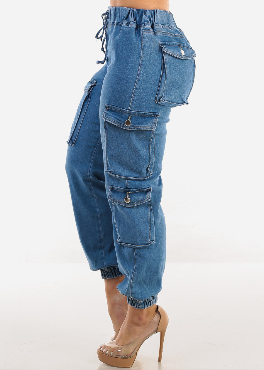 Drawstring Waist Cuffed Cargo Jogger Jeans Med Blue