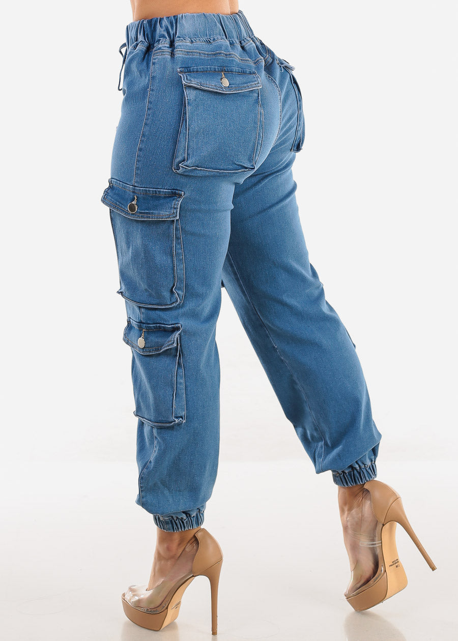 Drawstring Waist Cuffed Cargo Jogger Jeans Med Blue