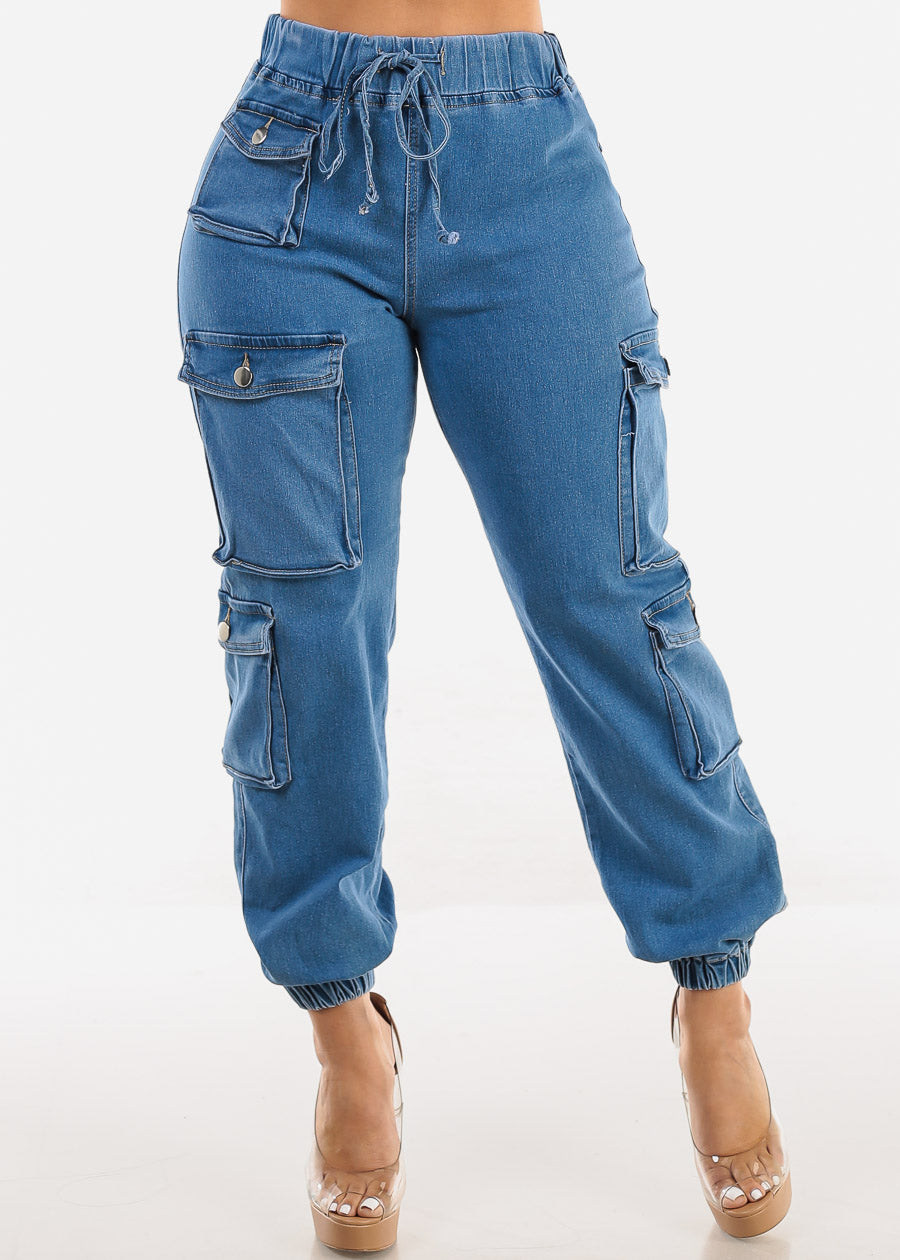 Drawstring Waist Cuffed Cargo Jogger Jeans Med Blue