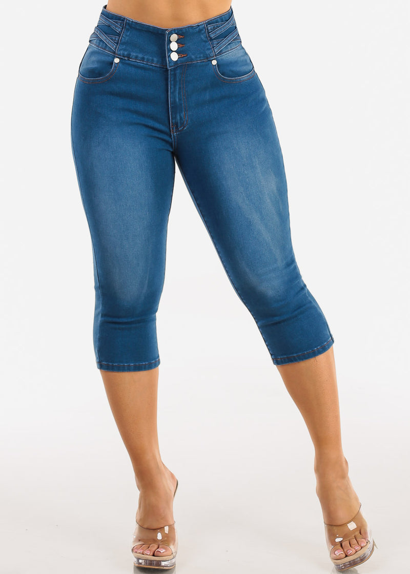 Butt Lift High Waisted Stretch Denim Capris Indigo