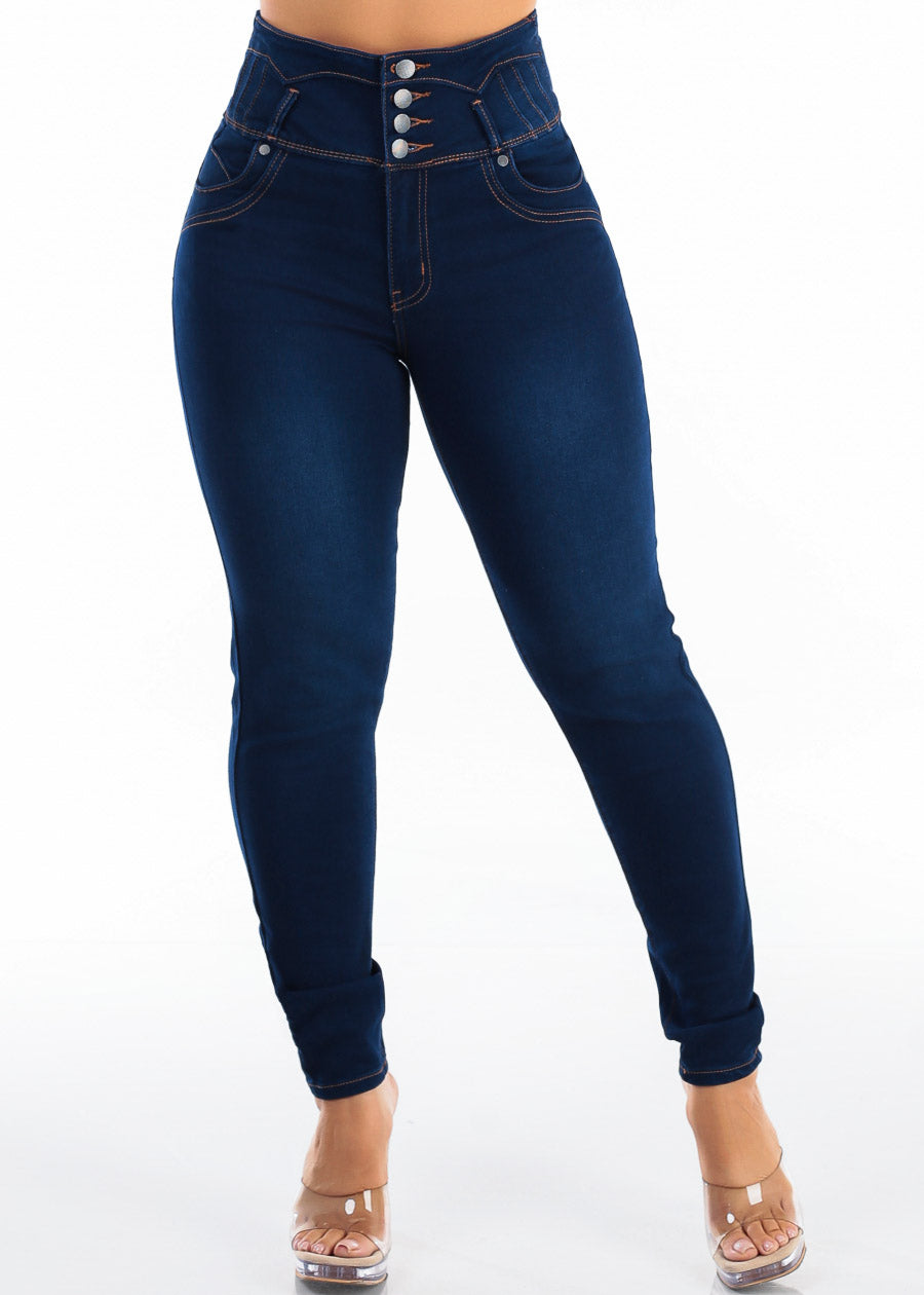 Butt Lift Super High Waist Stretch Skinny Jeans Dark Blue, view 3 of 7