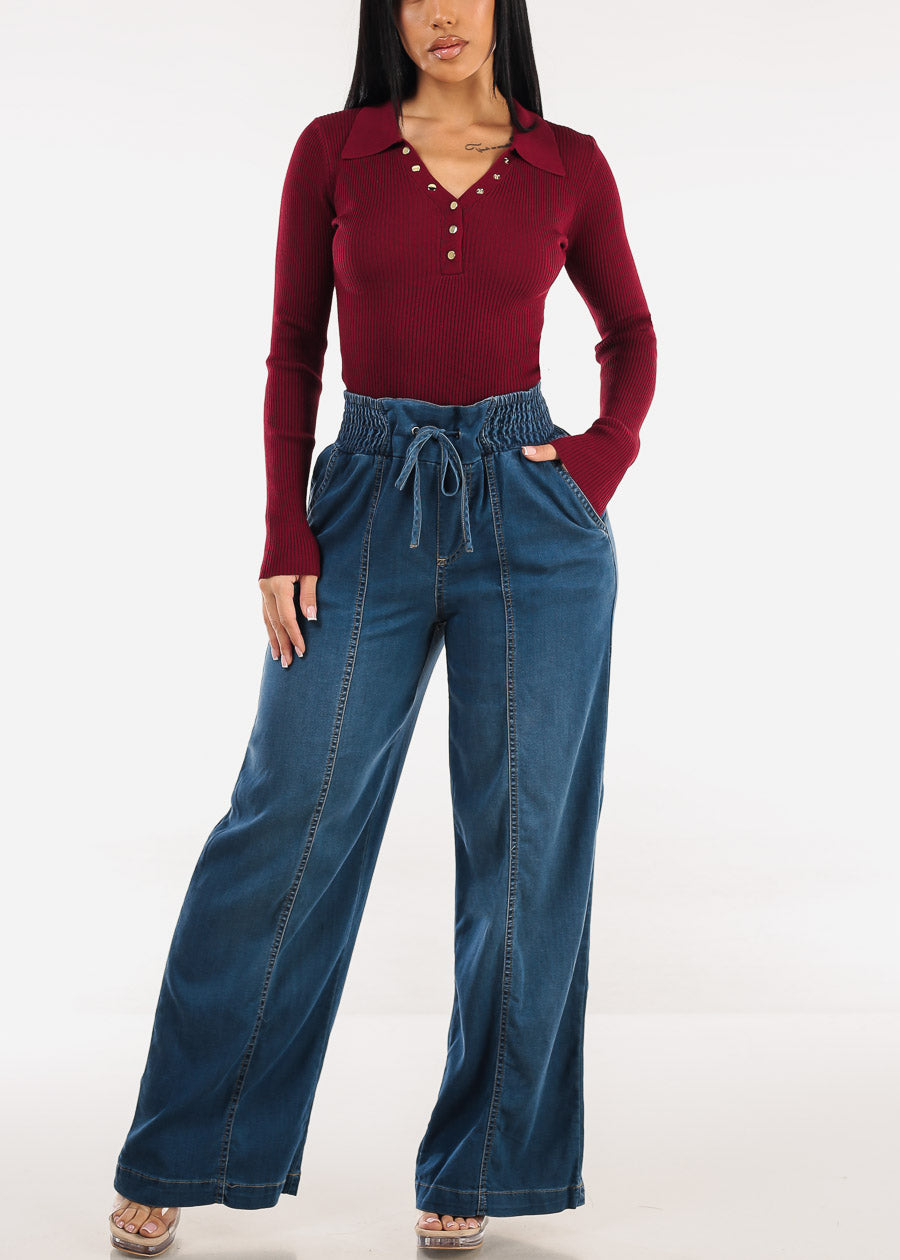Smocked Spandex Waist Wide Leg Denim Pants Med Wash