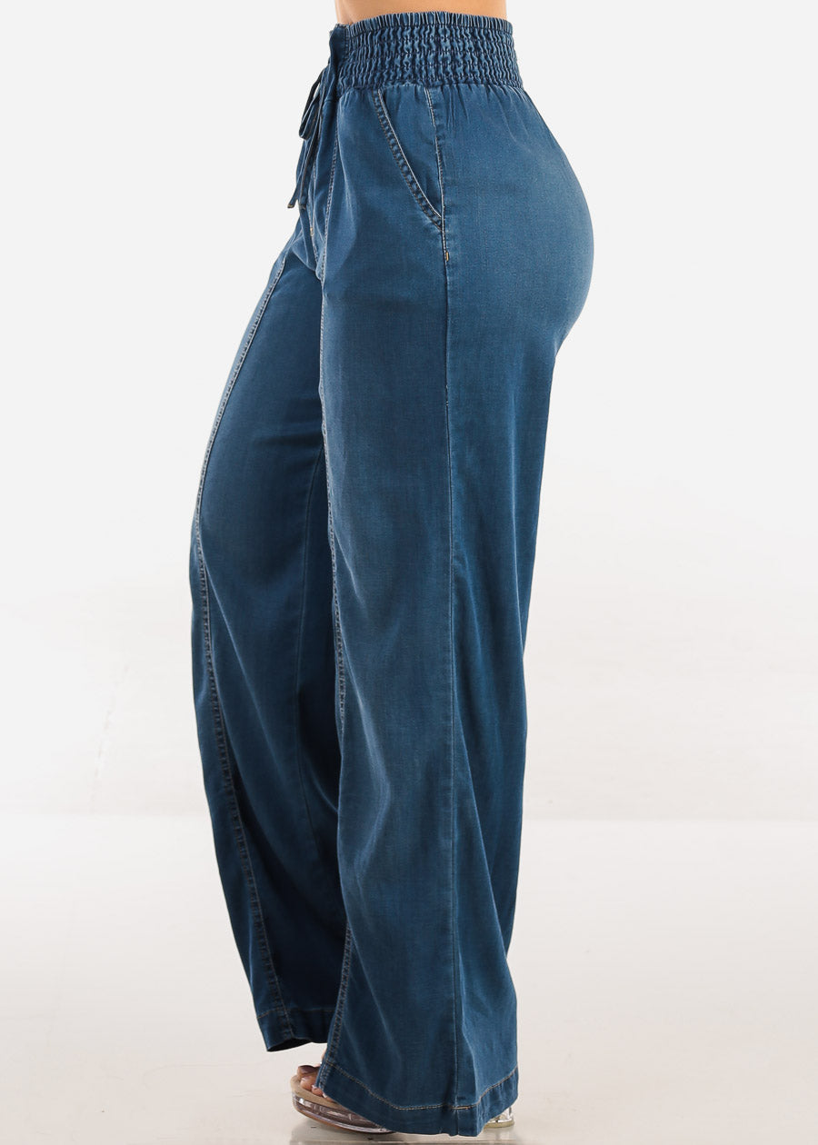 Smocked Spandex Waist Wide Leg Denim Pants Med Wash