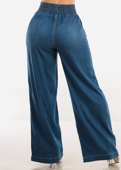 Smocked Spandex Waist Wide Leg Denim Pants Med Wash