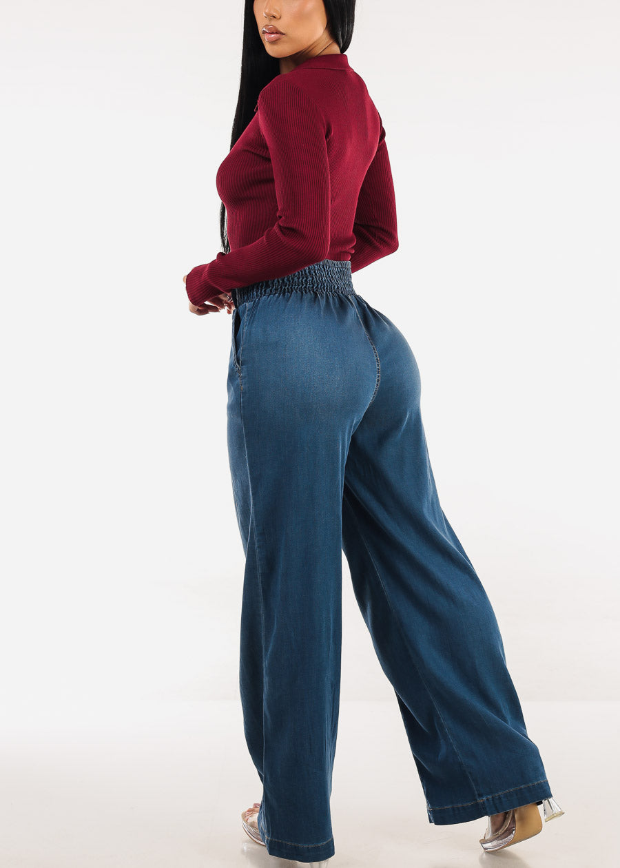 Smocked Spandex Waist Wide Leg Denim Pants Med Wash