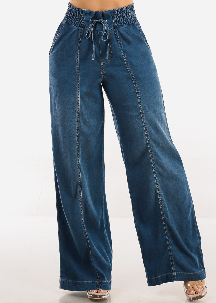 Smocked Spandex Waist Wide Leg Denim Pants Med Wash