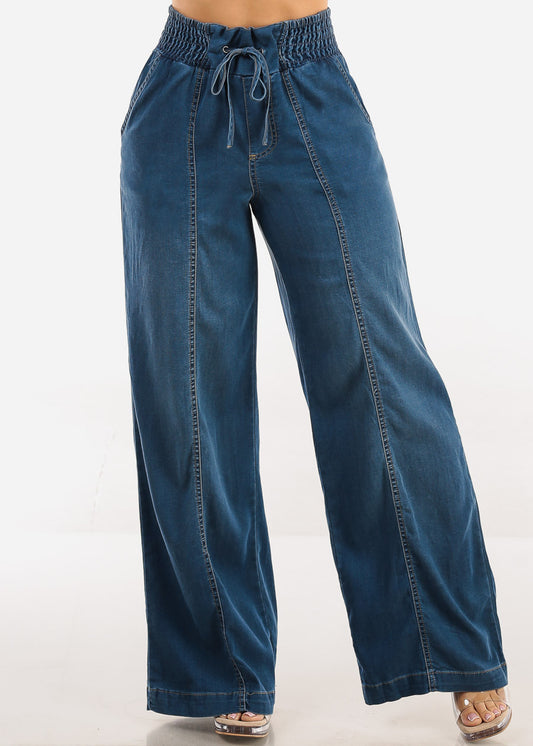 Smocked Spandex Waist Wide Leg Denim Pants Med Wash