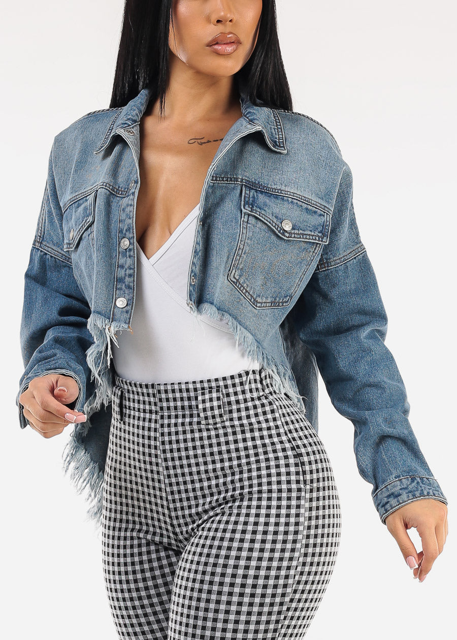 Long Sleeve Button Up High Low Crop Shacket