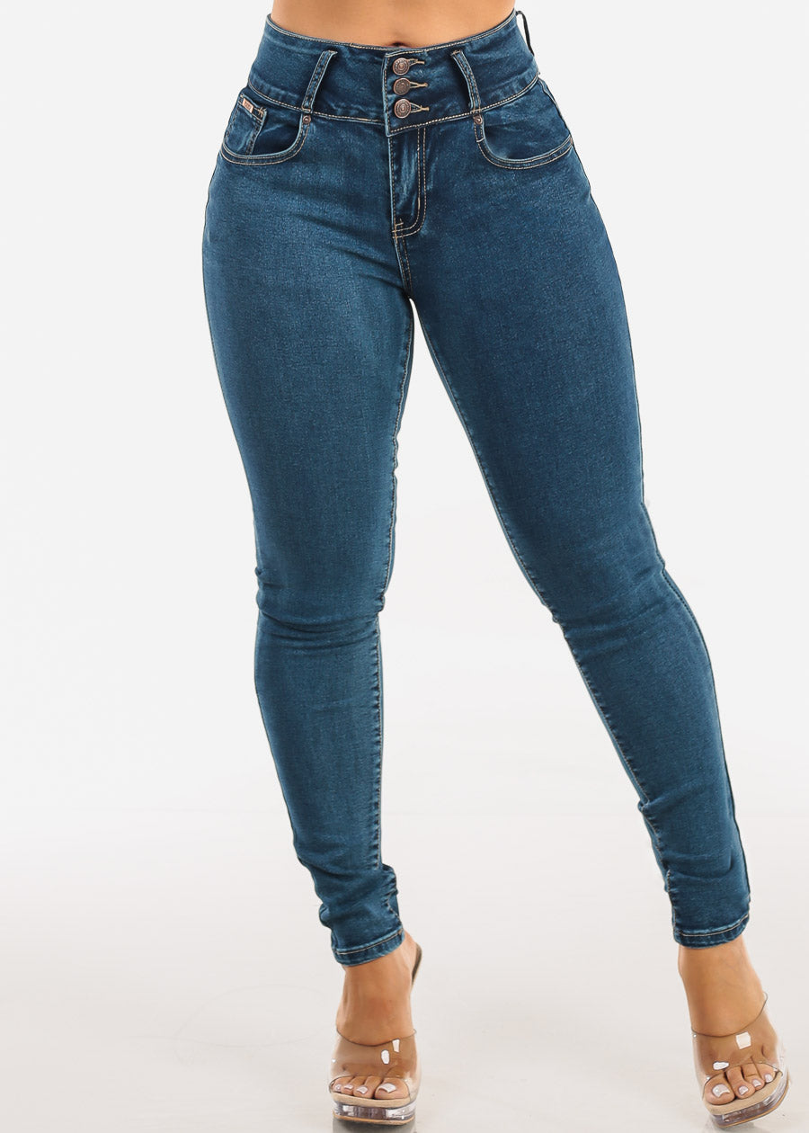 Butt Lifting Mid Rise Stretch Skinny Jeans Med Sand Wash