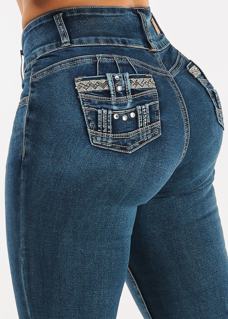 Butt Lifting Mid Rise Stretch Skinny Jeans Med Sand Wash