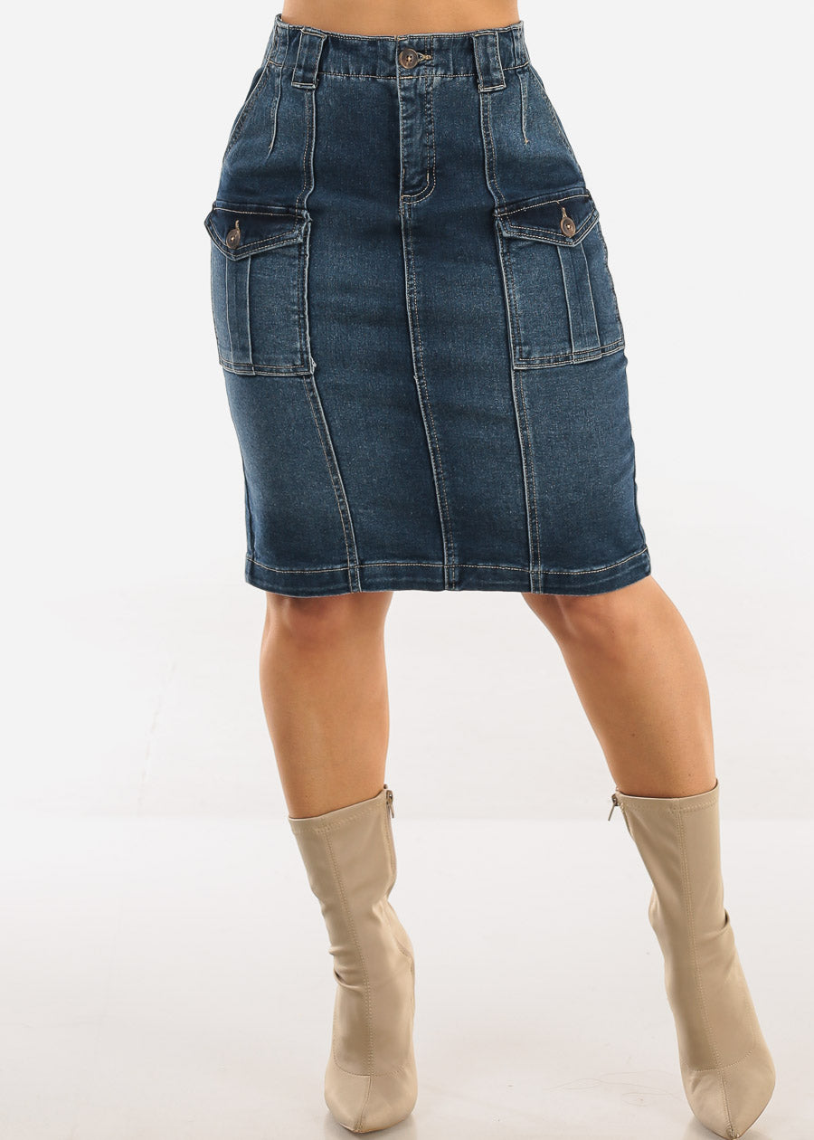 Butt Lift Stretch Cargo Denim Pencil Skirt Dark Wash