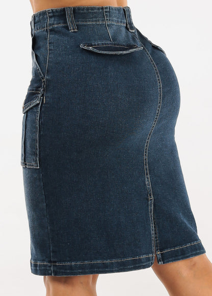 Butt Lift Stretch Cargo Denim Pencil Skirt Dark Wash