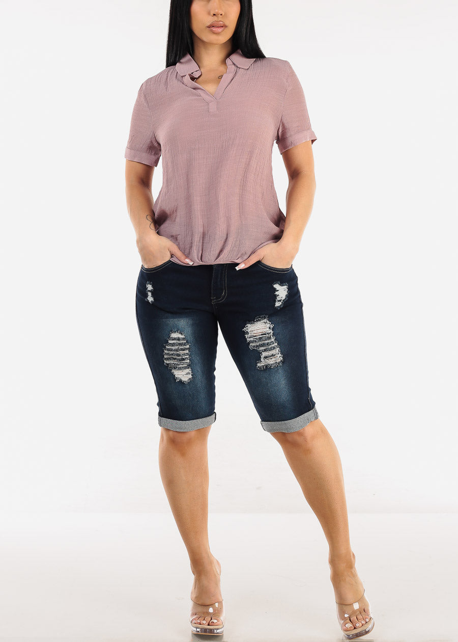 Butt Lift Distressed Denim Bermuda Shorts Dark Blue