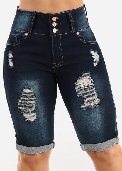 Butt Lift Distressed Denim Bermuda Shorts Dark Blue