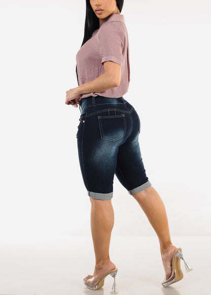 Butt Lift Distressed Denim Bermuda Shorts Dark Blue