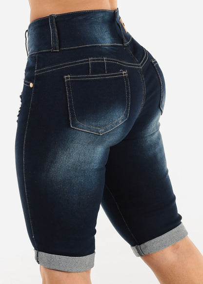 Butt Lift Distressed Denim Bermuda Shorts Dark Blue
