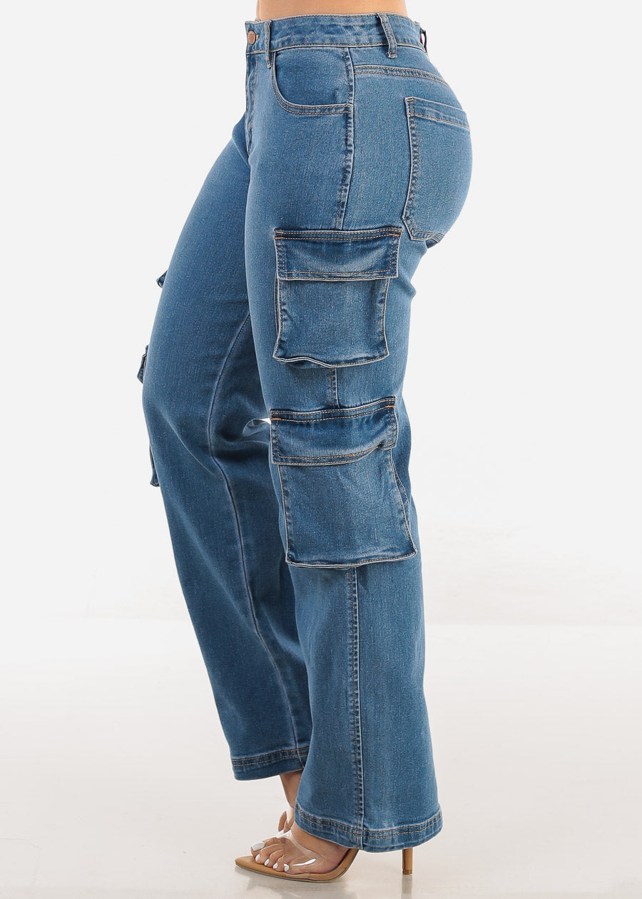 Med Blue Straight Wide Legged Cargo Jeans