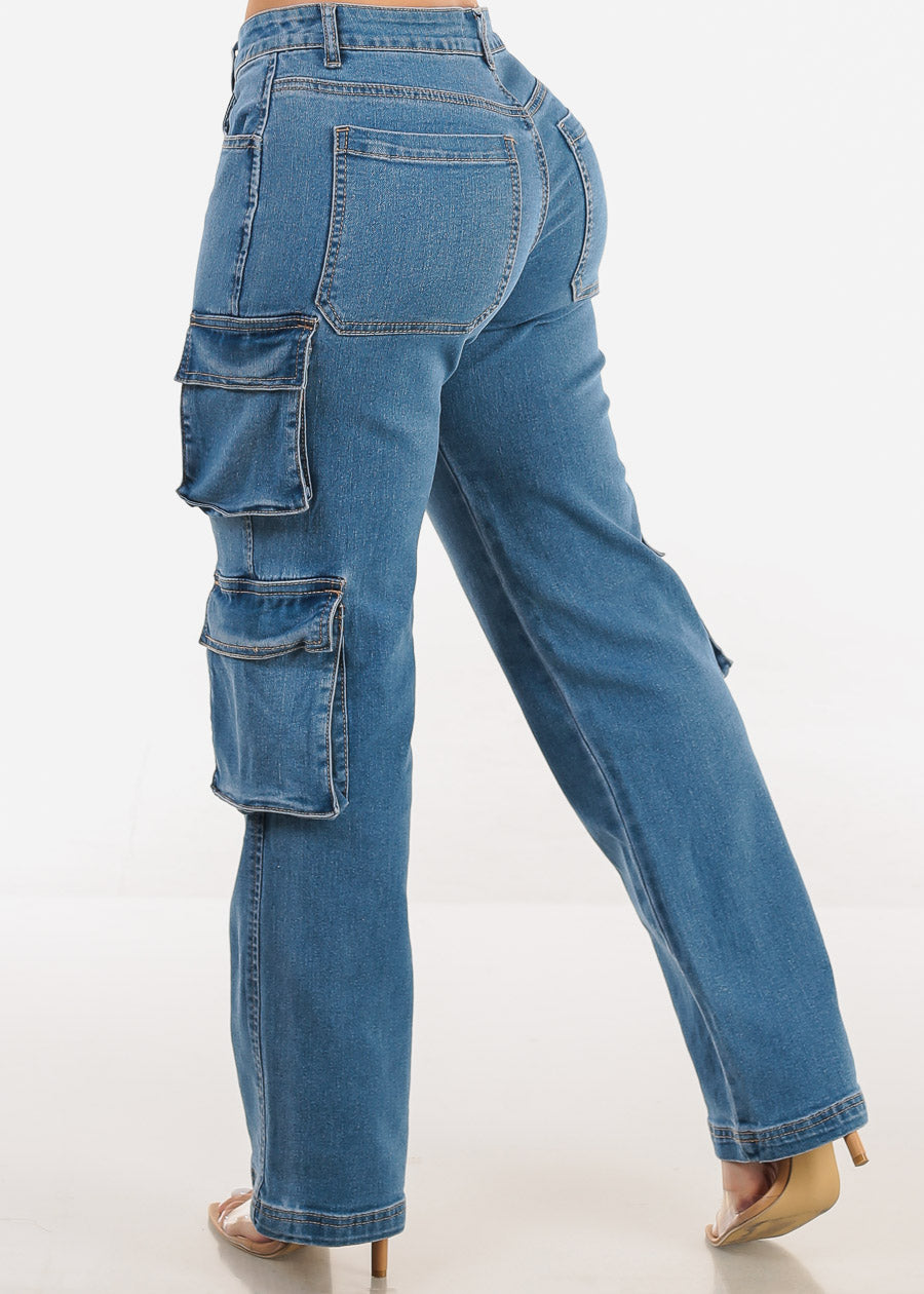 Med Blue Straight Wide Legged Cargo Jeans