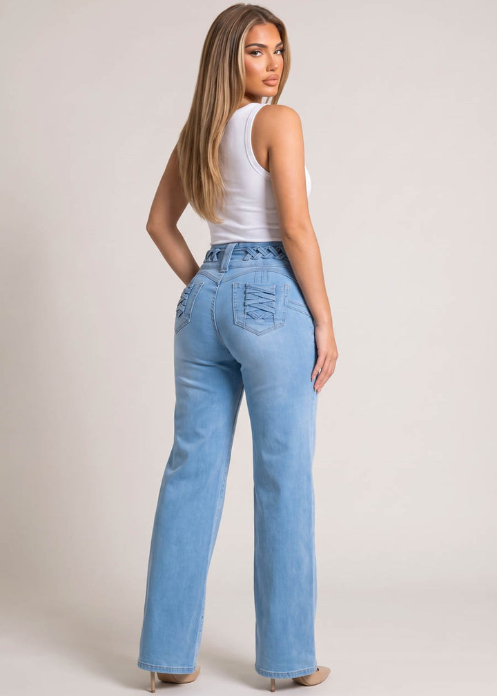 MX JEANS Butt Lift High Waist Wide Leg Stretch Jeans Light Wash w Lace Up Design