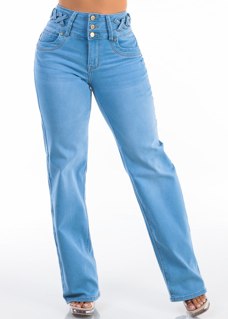 MX JEANS Butt Lift High Waist Wide Leg Stretch Jeans Light Wash w Lace Up Design