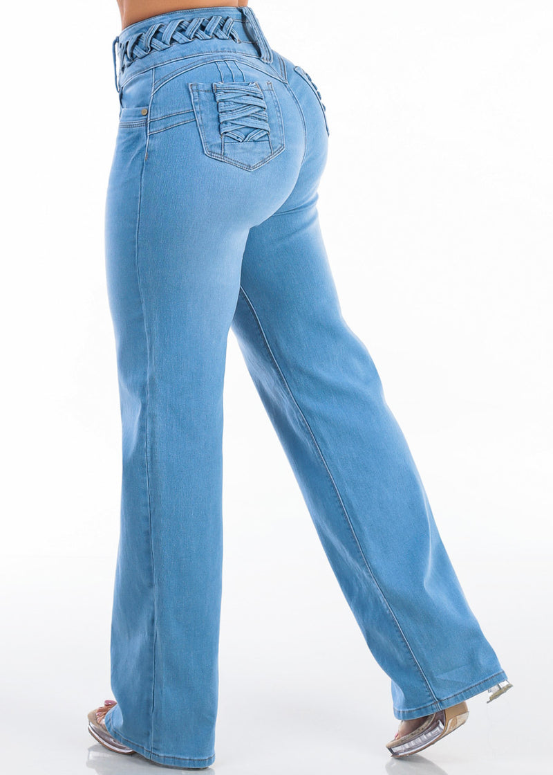 MX JEANS Butt Lift High Waist Wide Leg Stretch Jeans Light Wash w Lace Up Design