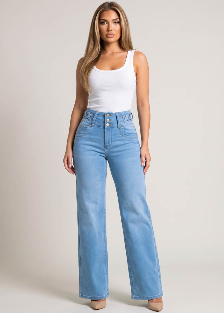 MX JEANS Butt Lift High Waist Wide Leg Stretch Jeans Light Wash w Lace Up Design