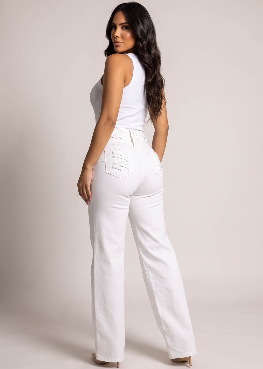 MX JEANS Butt Lift High Waist Wide Leg Stretch Jeans White w Lace Up Design, view 2 of 14