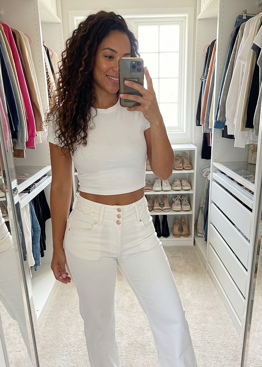 MX JEANS Butt Lift High Waist Wide Leg Stretch Jeans White w Lace Up Design, view 12 of 14