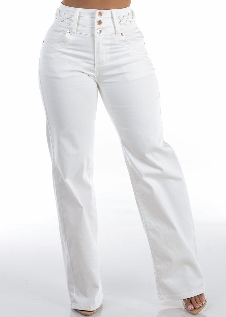 MX JEANS Butt Lift High Waist Wide Leg Stretch Jeans White w Lace Up Design