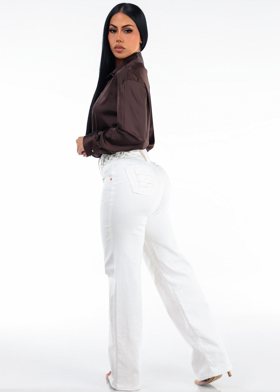 MX JEANS Butt Lift High Waist Wide Leg Stretch Jeans White w Lace Up Design