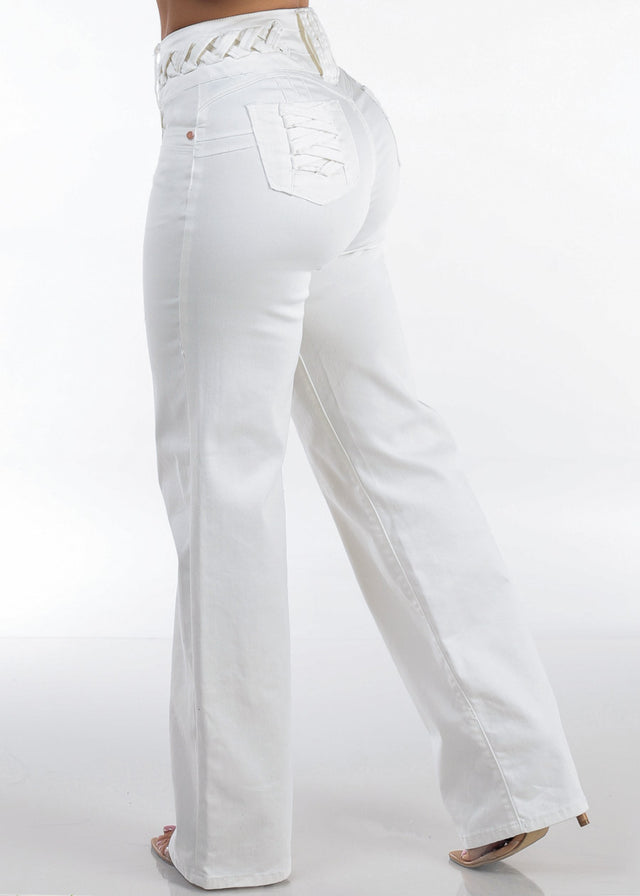 MX JEANS Butt Lift High Waist Wide Leg Stretch Jeans White w Lace Up Design