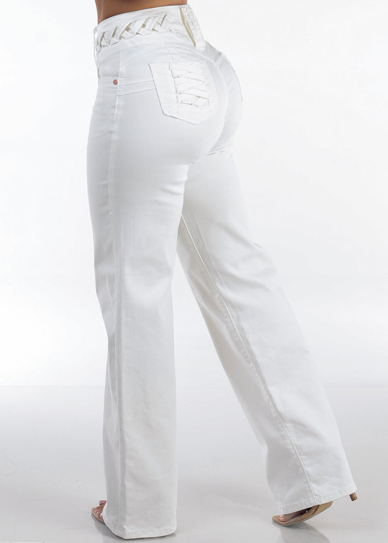 MX JEANS Butt Lift High Waist Wide Leg Stretch Jeans White w Lace Up Design