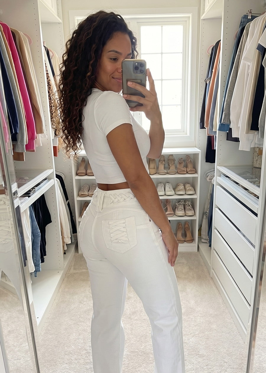MX JEANS Butt Lift High Waist Wide Leg Stretch Jeans White w Lace Up Design, view 11 of 14