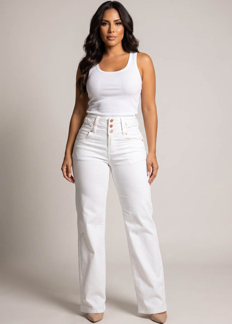 MX JEANS Butt Lift High Waist Wide Leg Stretch Jeans White w Lace Up Design