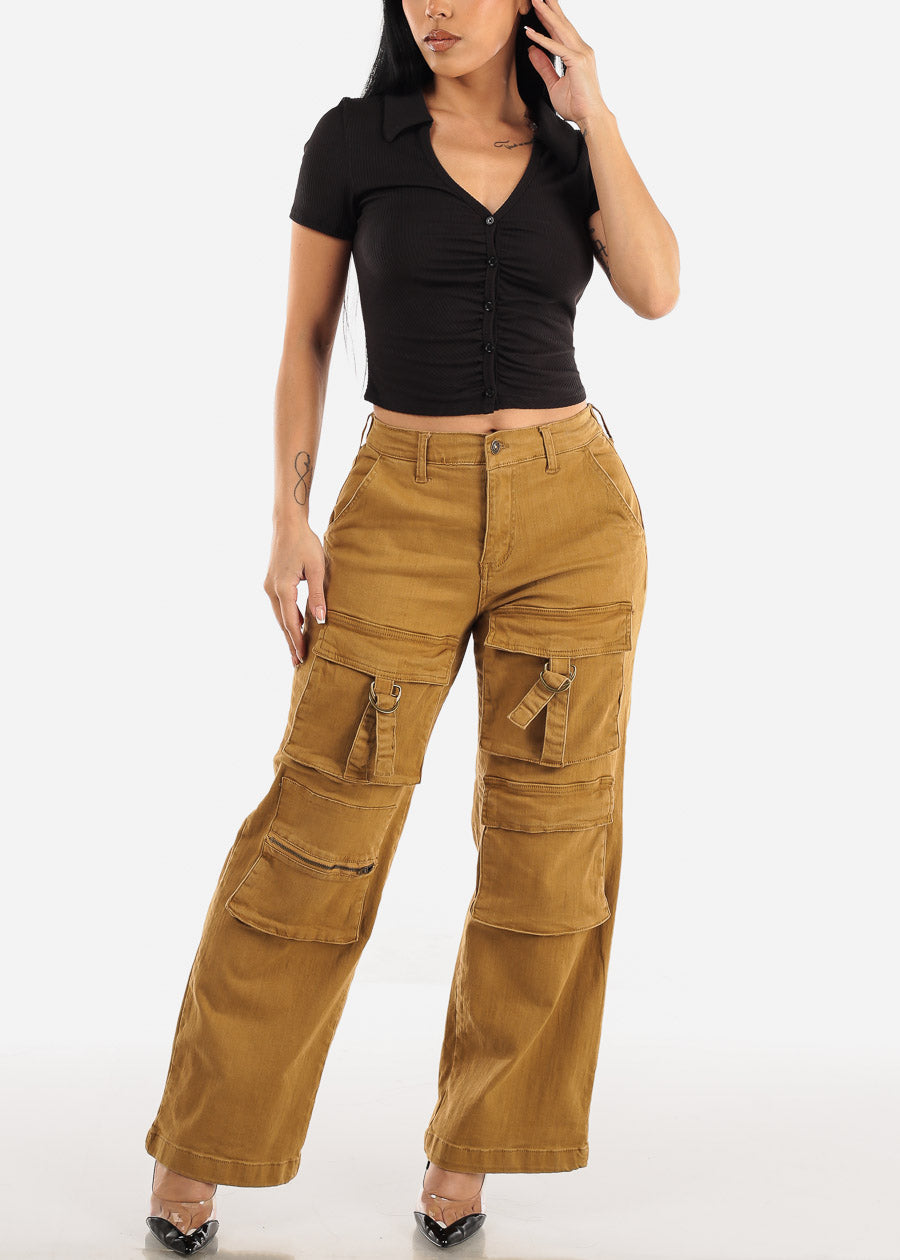 High Waist Wide Straight Leg Stretch Cargo Khaki Jeans 