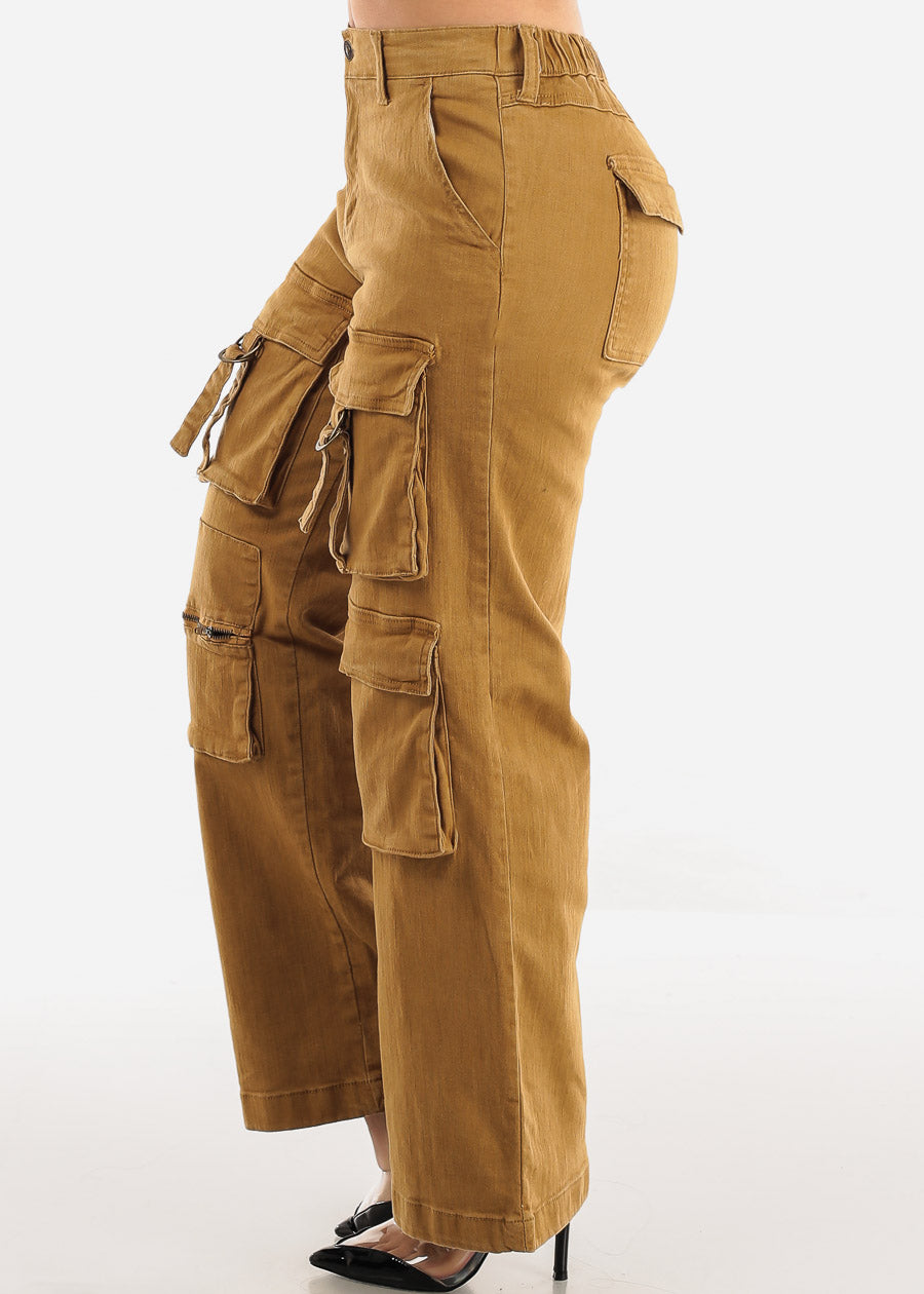 High Waist Wide Straight Leg Stretch Cargo Khaki Jeans 