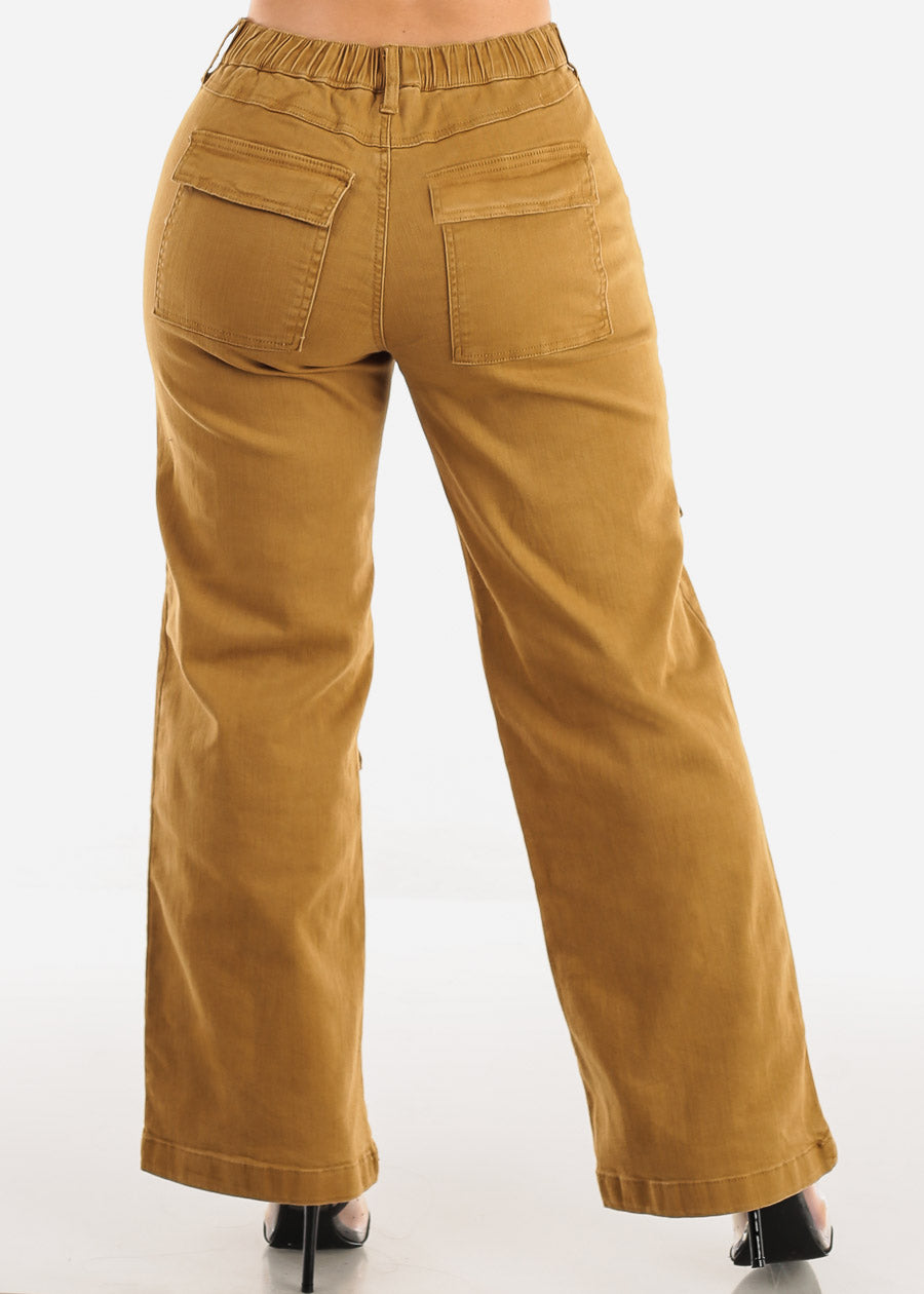 High Waist Wide Straight Leg Stretch Cargo Khaki Jeans 