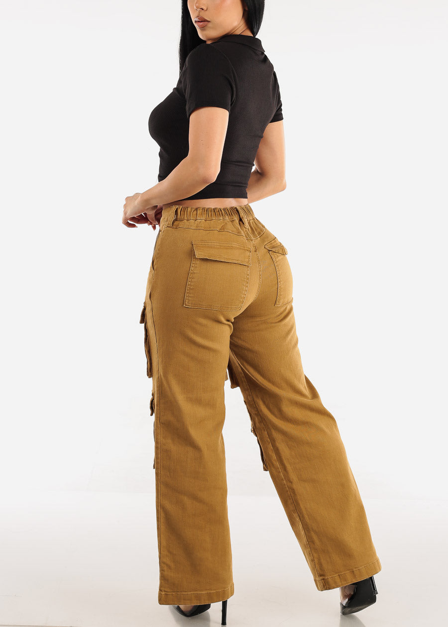 High Waist Wide Straight Leg Stretch Cargo Khaki Jeans