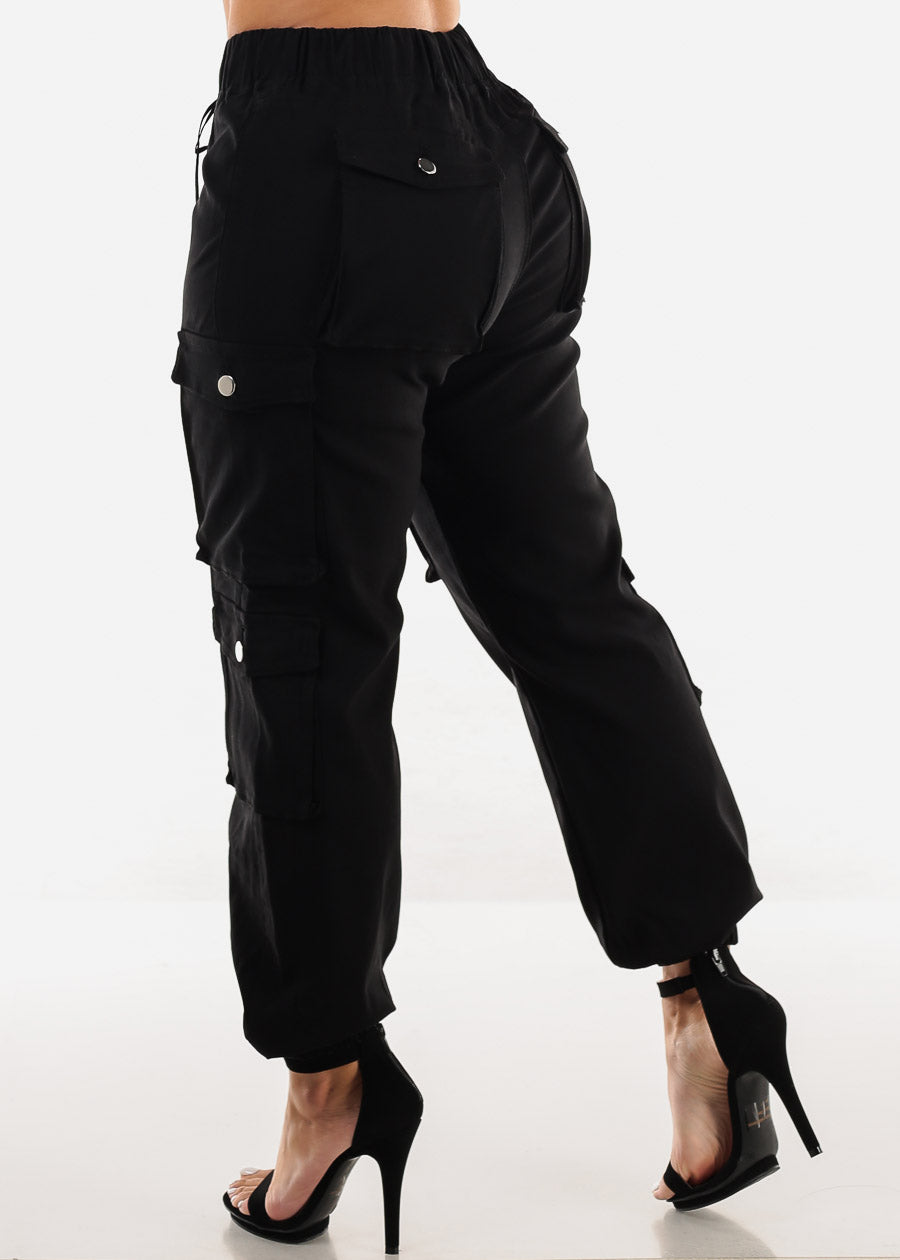 Drawstring Waist Hyper Stretch Cargo Jogger Pants Black