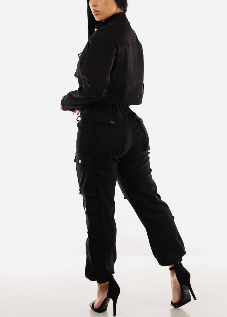 Drawstring Waist Hyper Stretch Cargo Jogger Pants Black