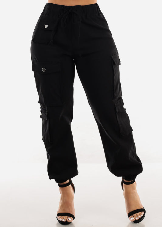 Drawstring Waist Hyper Stretch Cargo Jogger Pants Black