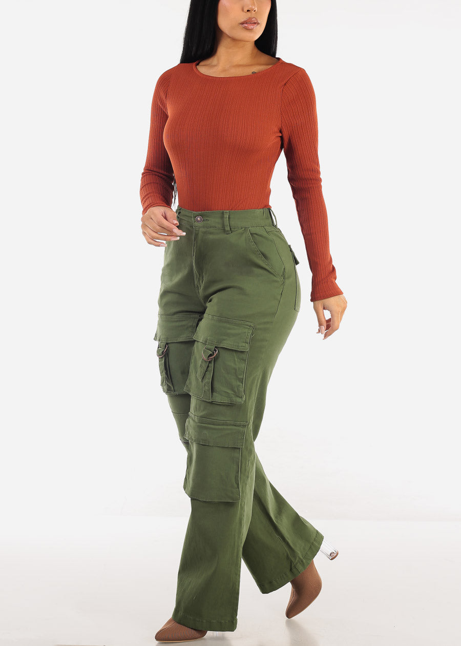 Super High Waist Straight Wide Leg Cargo Jeans Olive