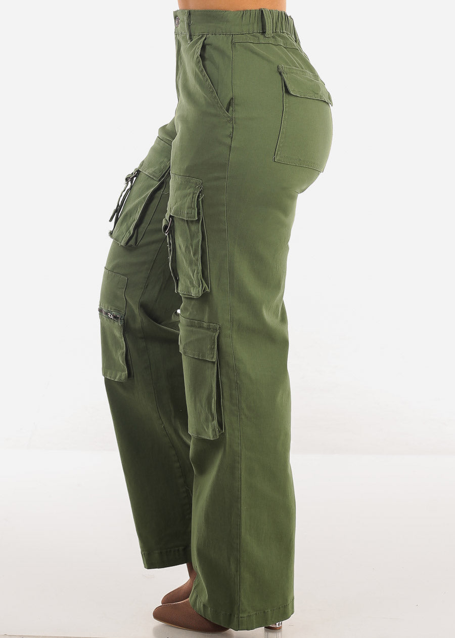 Super High Waist Straight Wide Leg Cargo Jeans Olive