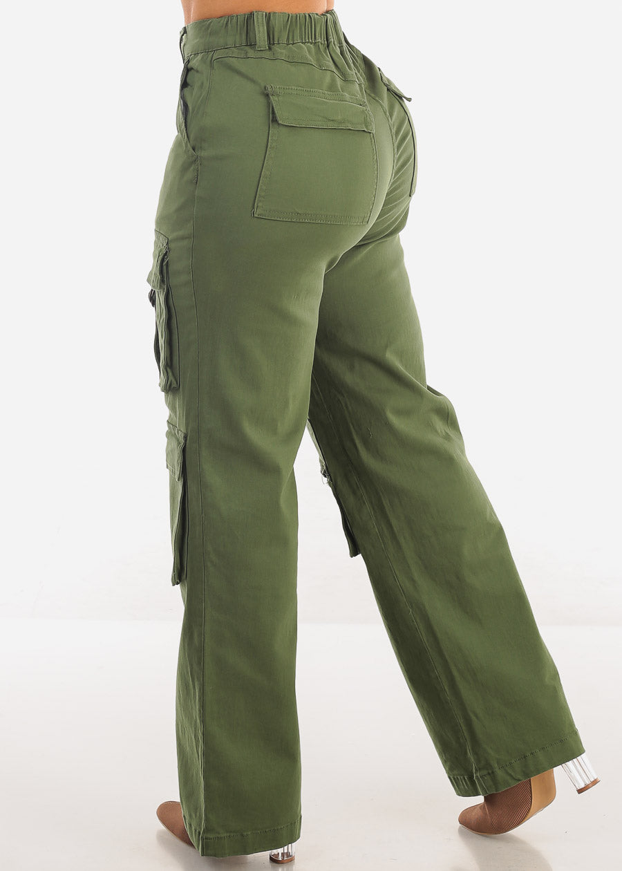 Super High Waist Straight Wide Leg Cargo Jeans Olive