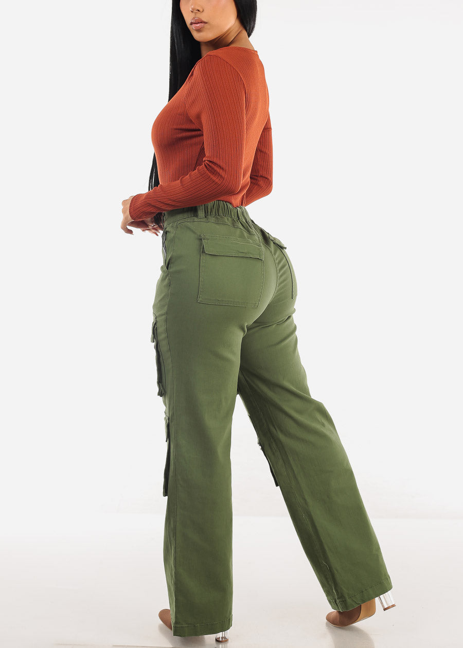 Super High Waist Straight Wide Leg Cargo Jeans Olive