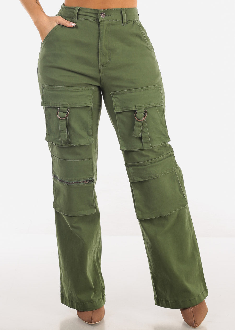 Super High Waist Straight Wide Leg Cargo Jeans Olive