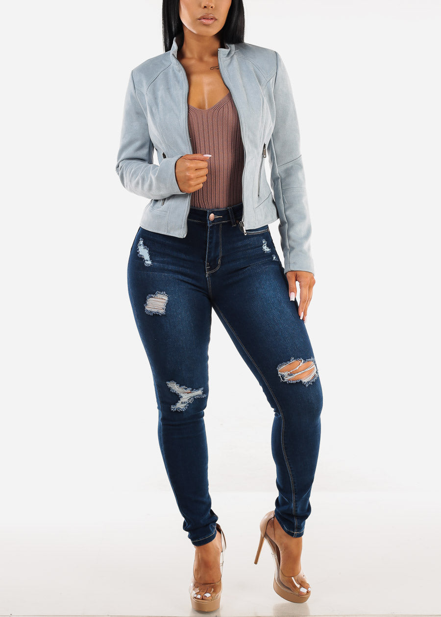 Butt Lift High Waist Distressed Skinny Jeans Dark Blue